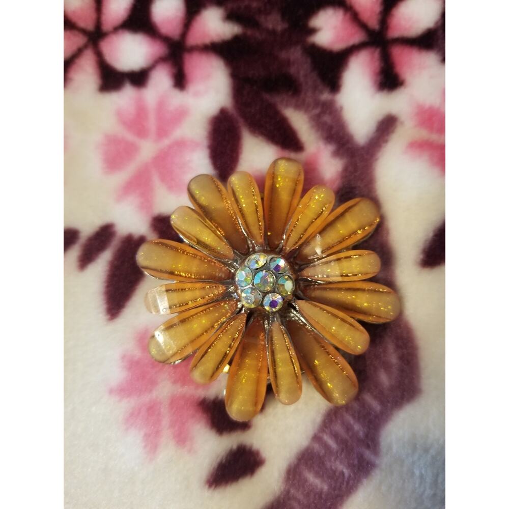 Vintage Robert Rose Flower Rhinestone Brooch Pin Aurora Borealis